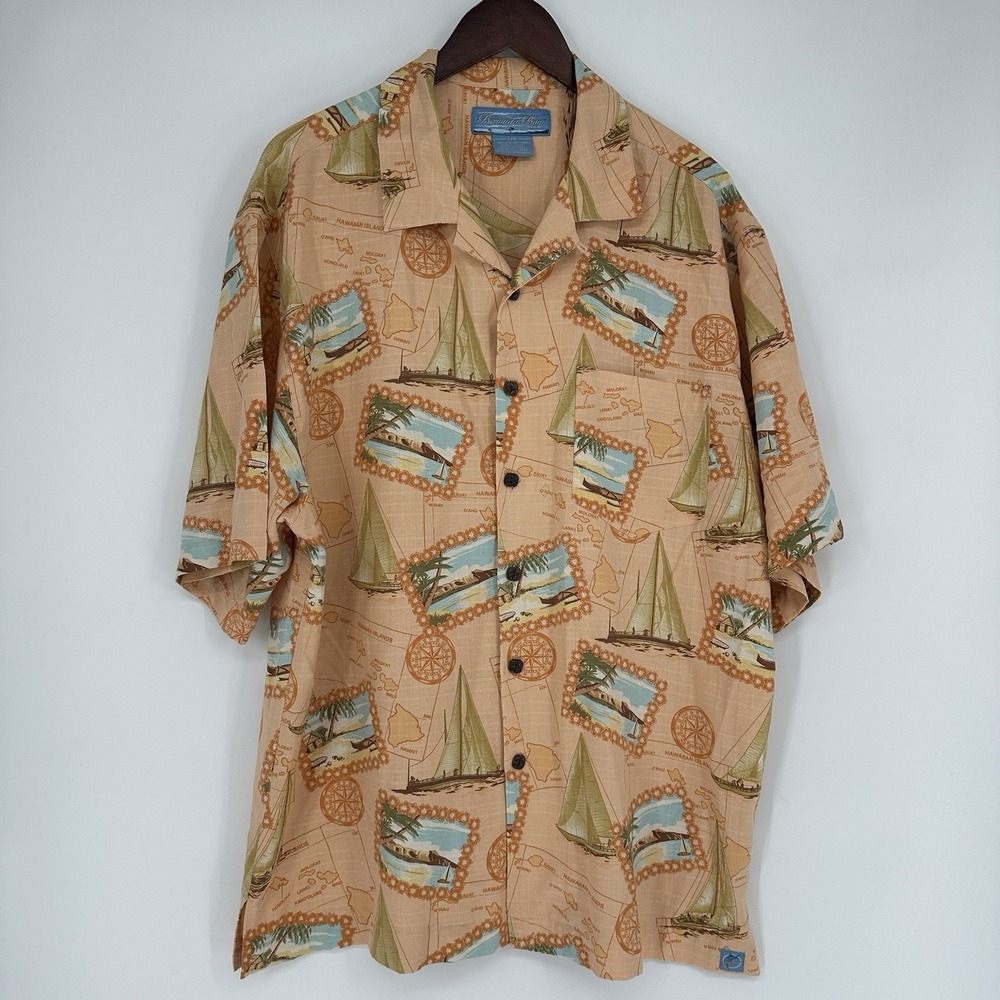 Bermuda Bay Hawaiian Silk Men's Shirt Large Short Sleeve Beach Tropical